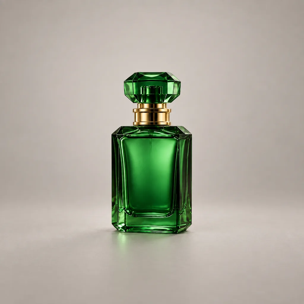 Flacone di profumo verde smeraldo su uno sfondo da studio uniforme