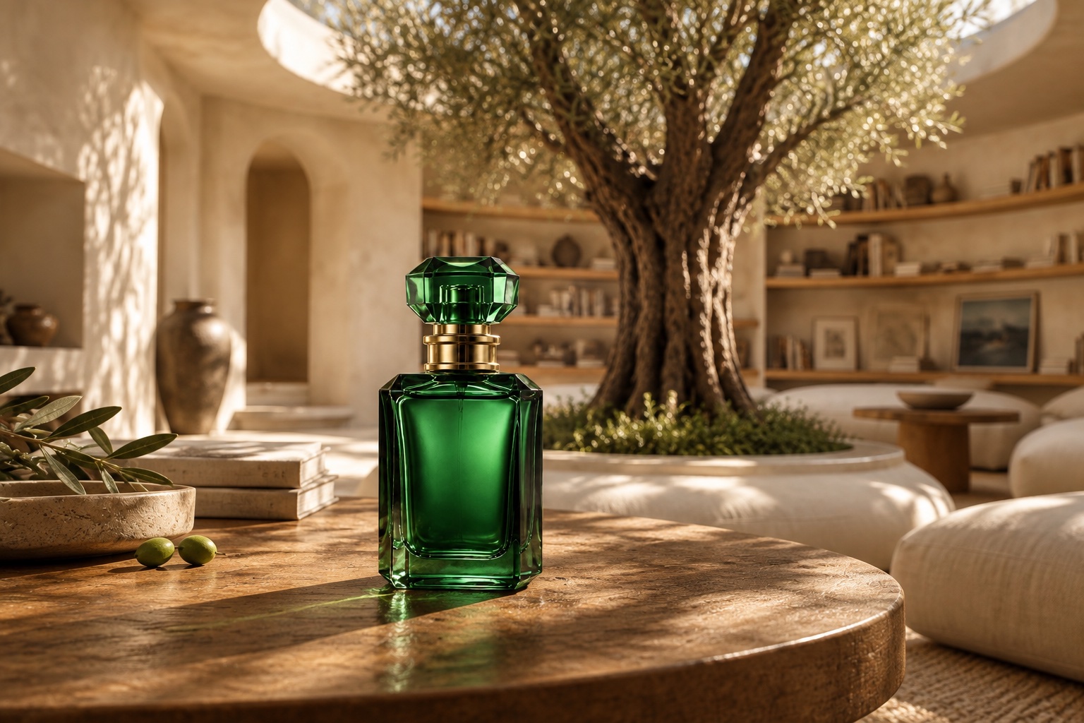 Emerald perfume bottle placed on a wooden table in the sunlit olive-tree reading room