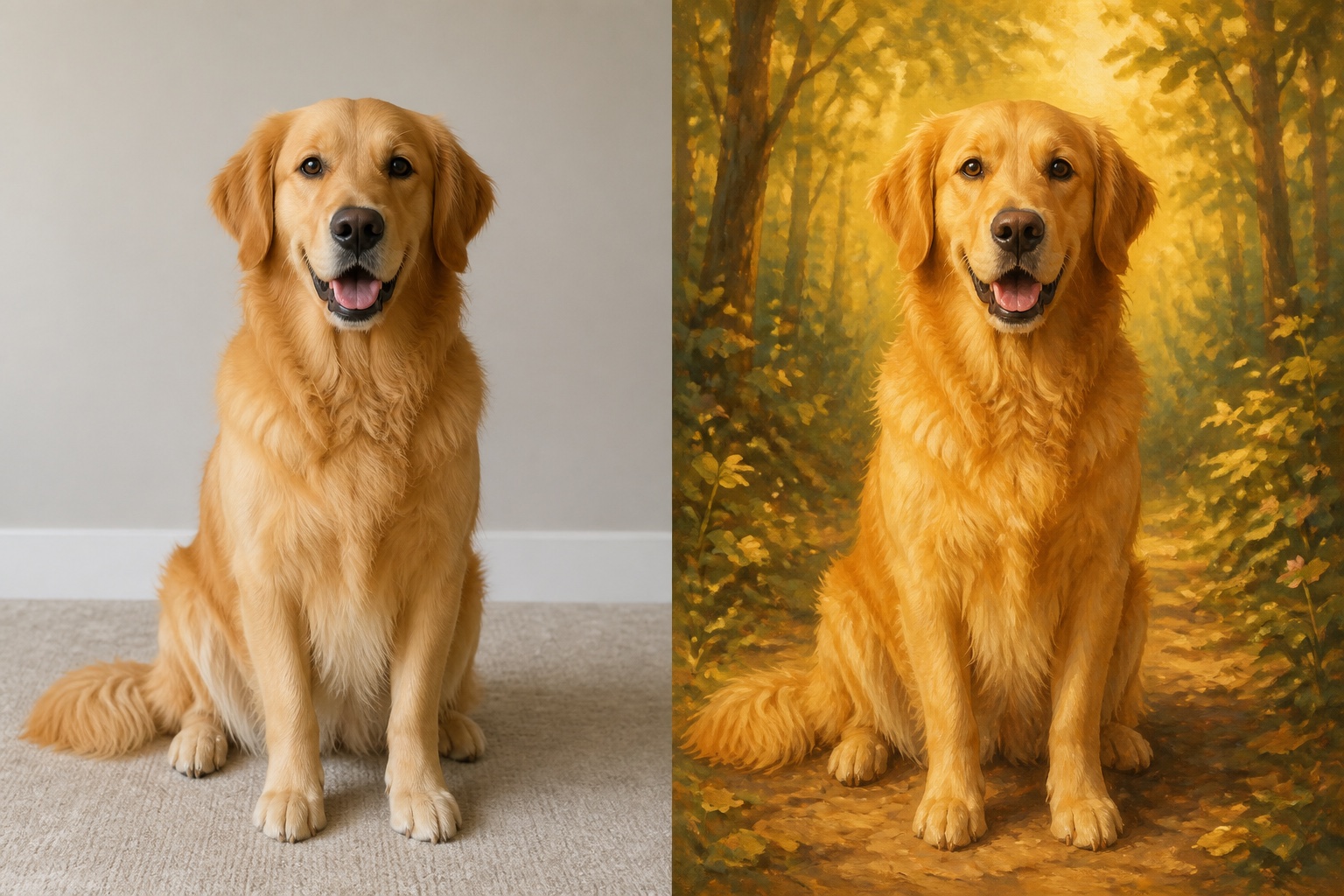 金毛犬照片转换为温暖的故事绘画