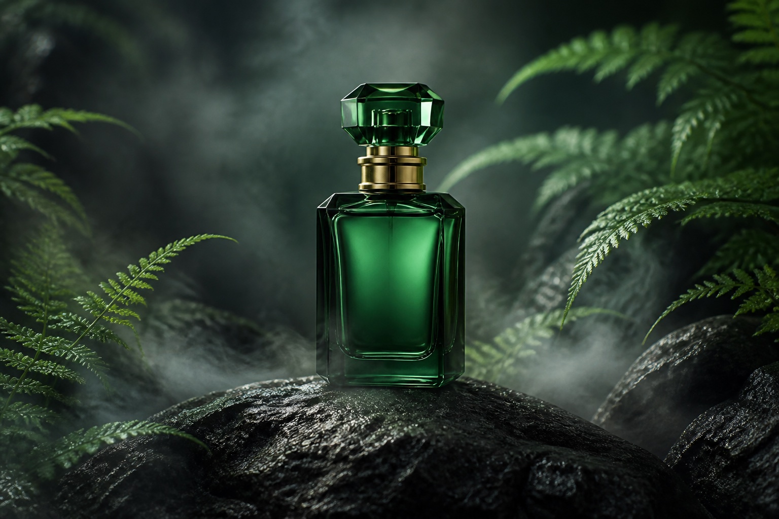 Emerald green perfume bottle photographed among ferns