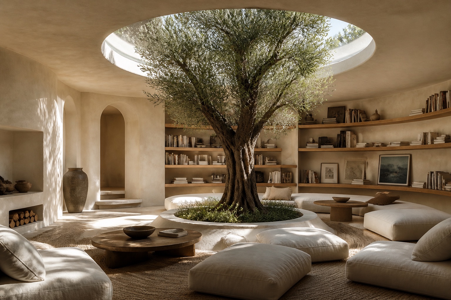 Sunlit reading room with an olive tree and a wooden table